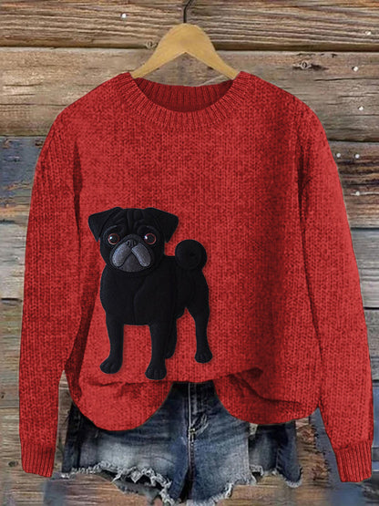 Comstylish Lively Pug Dog Felt Art Cozy Knit Sweater