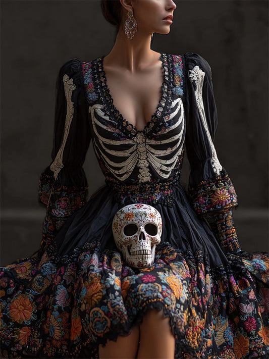 Comstylish Day Of The Dead Skeleton Floral Embroidered Flowy Linen Dress