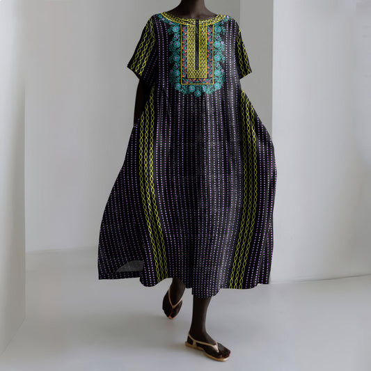 Vintage Tribal Print Women's Linen Dress artswardrobe