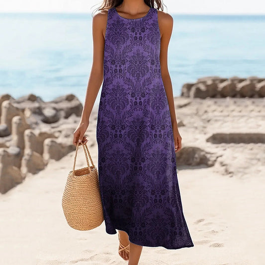 Women's Ethnic Totem Floral Print Round Neck Linen Blend Tank Midi Dress artswardrobe