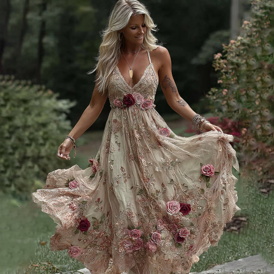 Women's Vintage Rose Floral Embroidery Art V-neck Suspender Maxi Dress artswardrobe