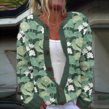Vintage Water Lily Art Knitted Jacquard Sweater elevenforest