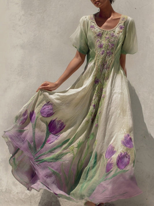 Vintage Purple Tulips Pattern Gradient Linen Maxi Dress artswardrobe