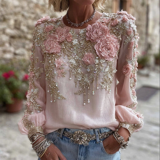 Comstylish Vintage Pink Roses Glitter Embroidered Cozy Linen Tunic