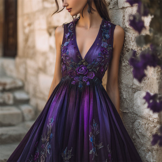 Mystical Purple Roses Vines Embroidered Linen Maxi Dress artswardrobe