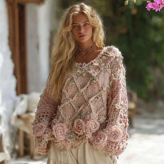 Women's Boho Rose Chunky Knit Crew Neck Aran Sweater artswardrobe