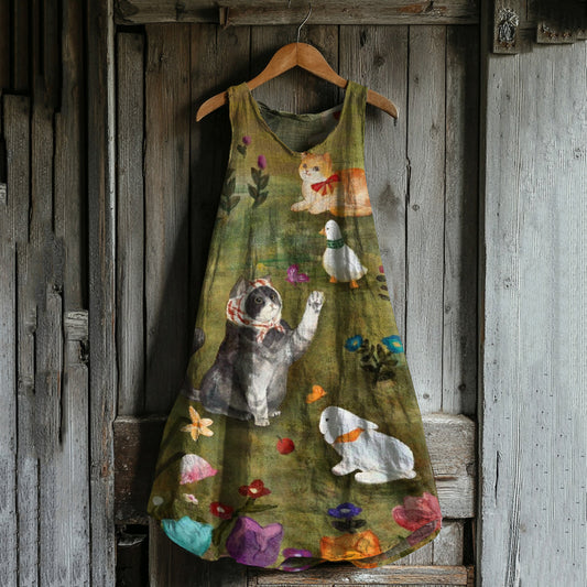 Abstract Creative Cute Cats And Farm Family Art Linen Blend Tank Dress artswardrobe