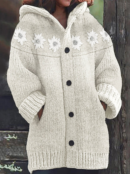 Vintage Flowers Crochet Yoke Cozy Knit Hooded Cardigan artswardrobe
