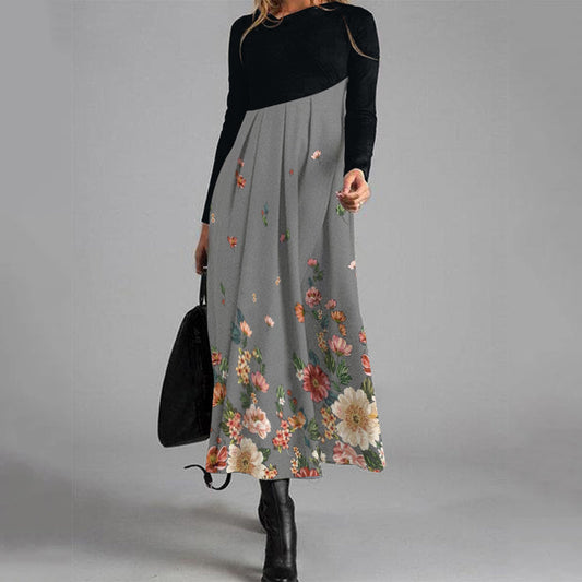 Elegant Floral Pleated Print Mid-Length Wool Dress elevenforest