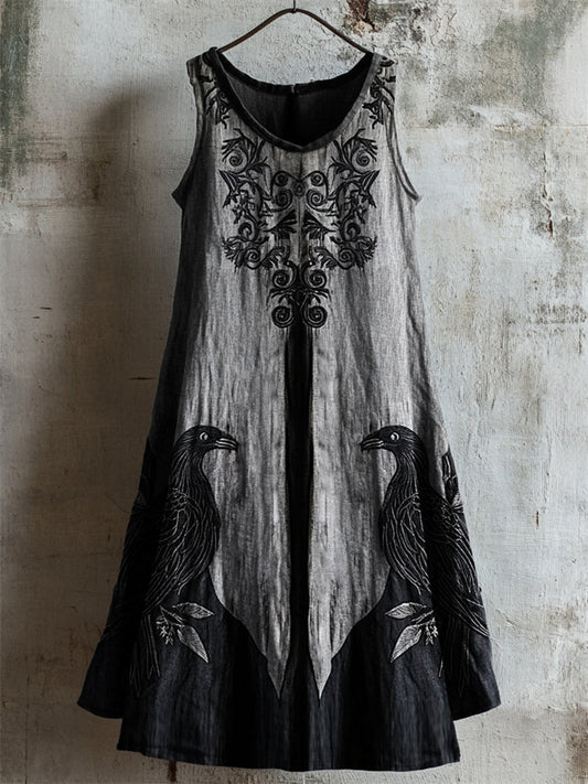 Vintage Viking Celtic Raven Contrast Linen Tank Dress artswardrobe