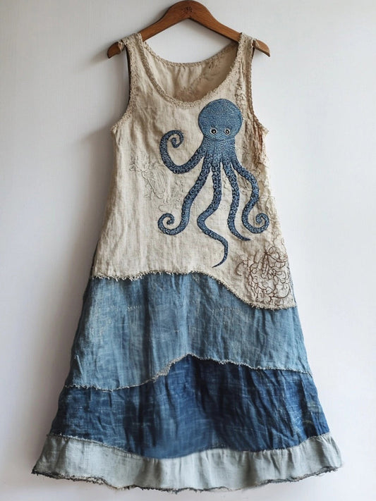 Octopus Pattern Patchwork Art Linen Blend Dress artswardrobe