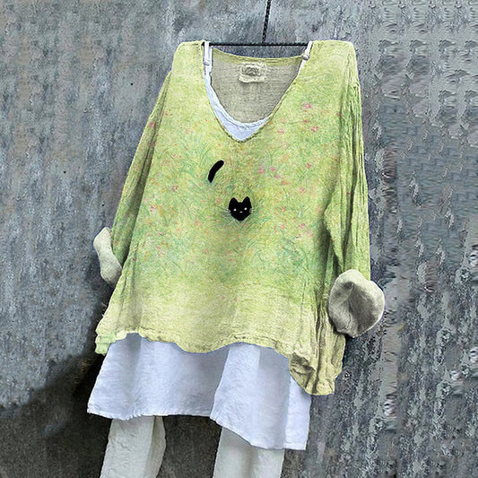 Women's Black Cat Print Shirt elevenforest
