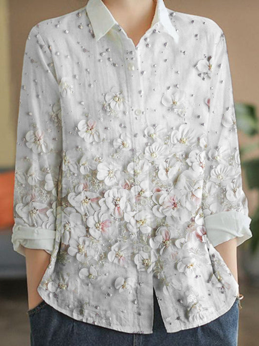 Comstylish Classic Floral Pearl Embroidery Women's Long Sleeve Shirt
