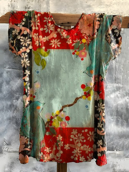 Floral and Bird Art Print Cotton Crew Neck T-shirt