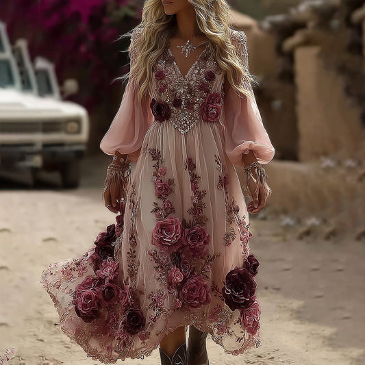 Women's Classic Romantic Pink Rose Embroidery Art Comfy Linen Round Neck Maxi Dress artswardrobe