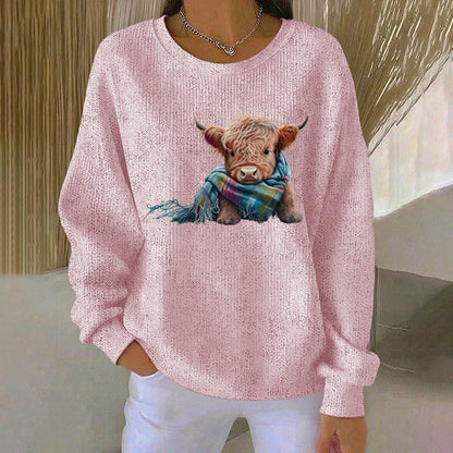 Women's Highland Cow Print Crew Neck Long Sleeve Casual Sweatshirt artswardrobe