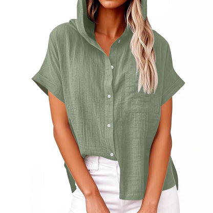 Comstylish Women's Solid Color Linen Vintage Hooded Shirt