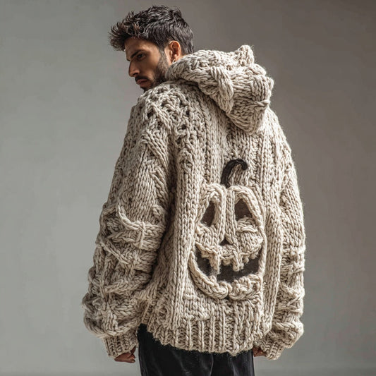 Men's Spooky Pumpkin Pattern Knitted Warm Zip Hooded Cardigan Sweater elevenforest
