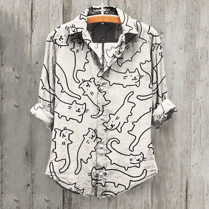 Cat Print Long Sleeve Casual Shirt elevenforest