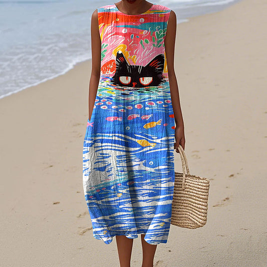 Abstract Creative Oil Cat Painting Art Linen Tank Dress artswardrobe