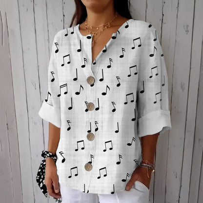 Comstylish Musical Notes Pattern Print Linen Casual Shirt