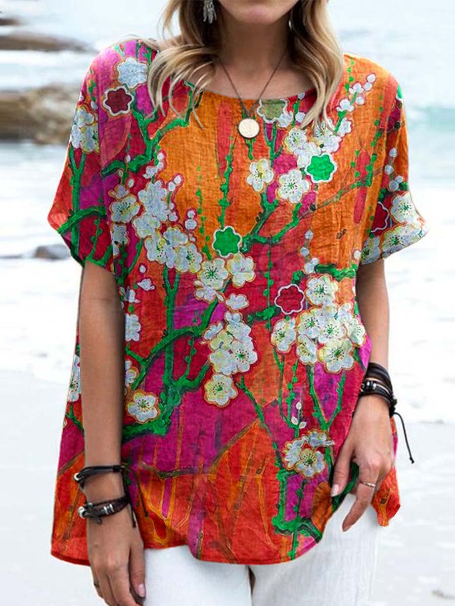 Women's Elegant Floral Round Neck Cotton and Linen Top