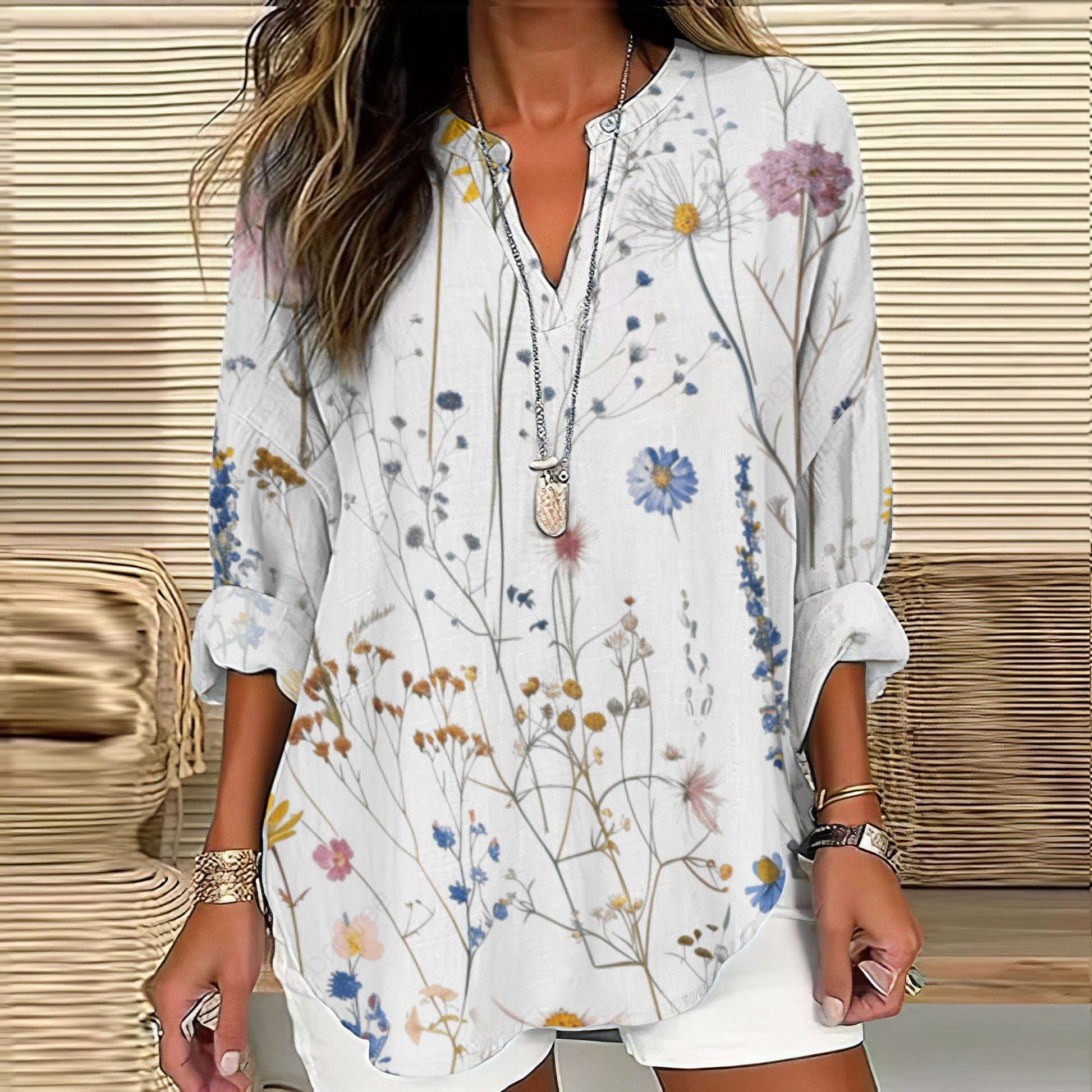 Comstylish Vintage Floral Art Print Linen Blend Tunic