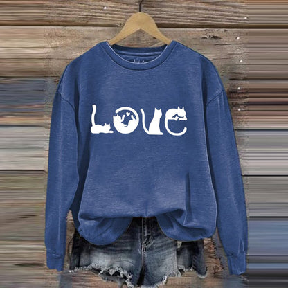 Cat Love Printed Round Neck Casual Sweatshirt elevenforest