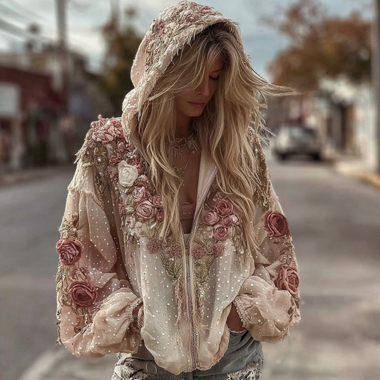 Comstylish Women's Vintage Floral Art Embroidered Zipper Hoodie