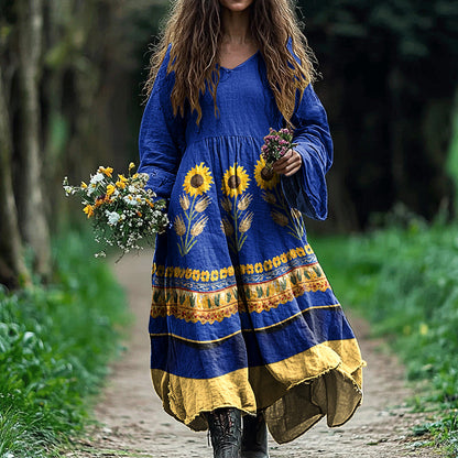 Boho Vintage Ukrainian Sunflower Art Inspired Linen Blend Maxi Dress artswardrobe