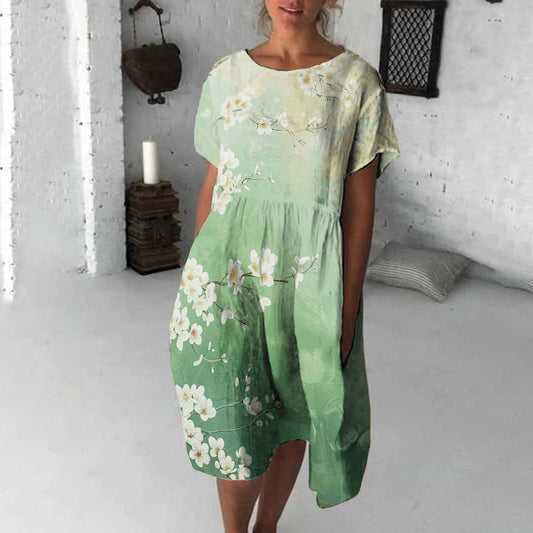 Comstylish Women's Retro Flowers Print Short Sleeve Cozy Midi Dress