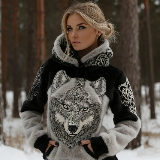 Comstylish Women's Retro Viking Wolf Art Plush Hooded Sweatshirt