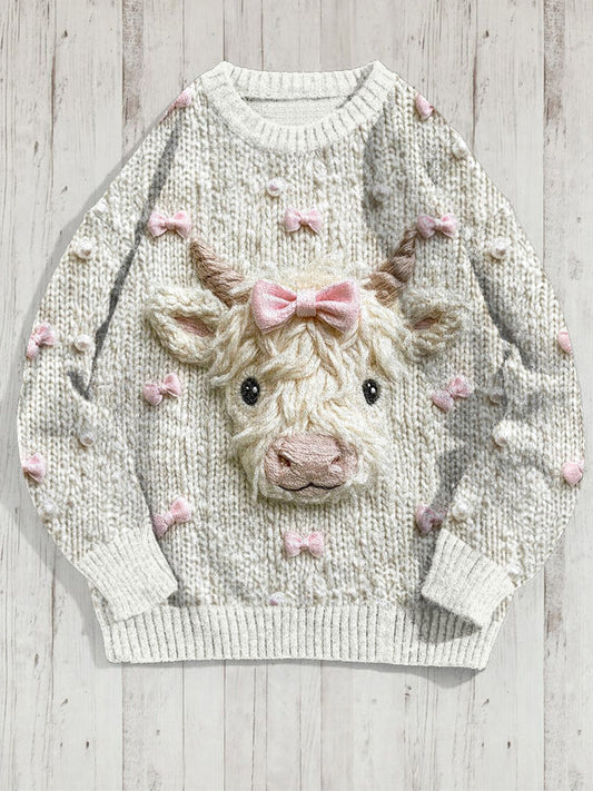 Cute Highland Cow Coquette Bow Knitted Cozy Sweater artswardrobe