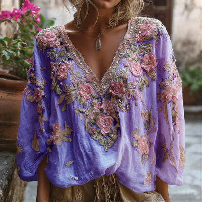 Comstylish Bohemian Three-dimensional Pink Floral Sequin V-neck Long-sleeved Top