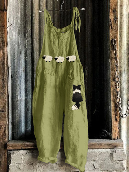 Comstylish Border Collie & Sheep Embroidered Linen Blend Jumpsuit