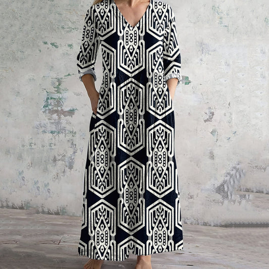 Geometric Print V-neck Linen Blend Midi Dress artswardrobe