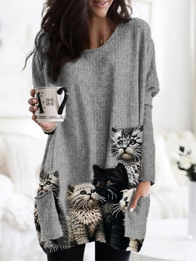 Comstylish Fuzzy Cats Crochet Art Patch Pocket Cozy Knit Cardigan