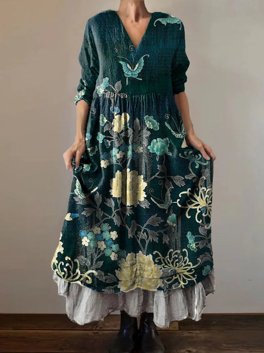 Women's Floral Art Print V-Neck Button Pocket Cotton Dress