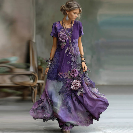 Vintage Bohemian Embroidered Floral Patchwork Short Sleeve Maxi Dress artswardrobe