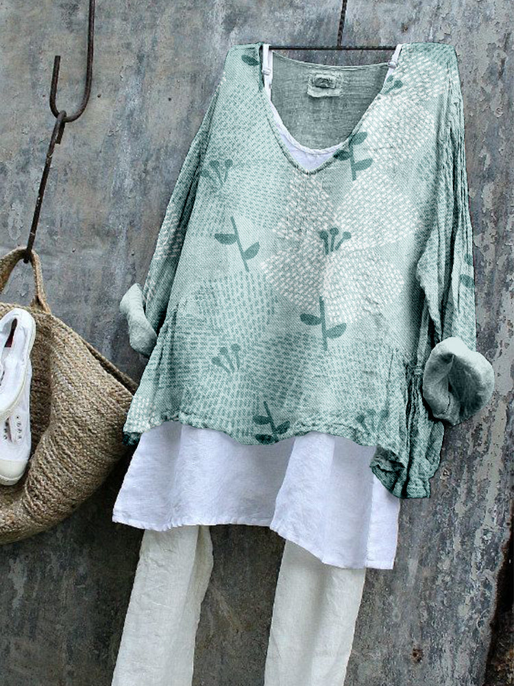 Comstylish Vintage Floral Pattern Linen Blend Flowy Tunic
