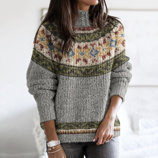 Vintage Contrast Iceland Jacquard Cozy High Collar Sweater elevenforest
