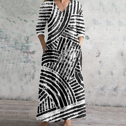 Comstylish Soft Abstract Lines Pattern Linen Maxi Dress
