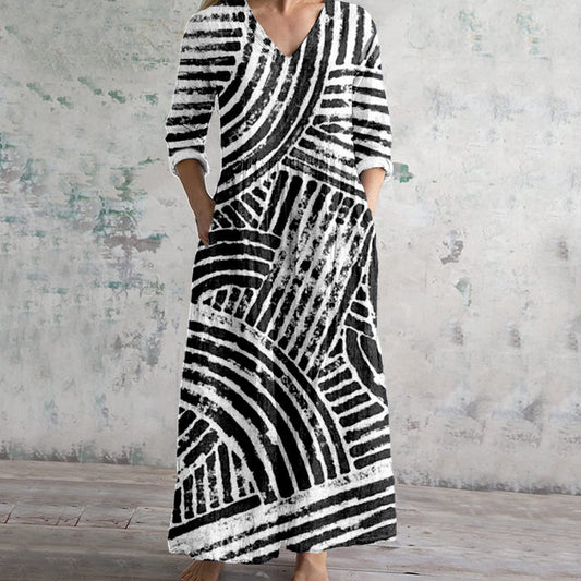 Comstylish Soft Abstract Lines Pattern Linen Maxi Dress