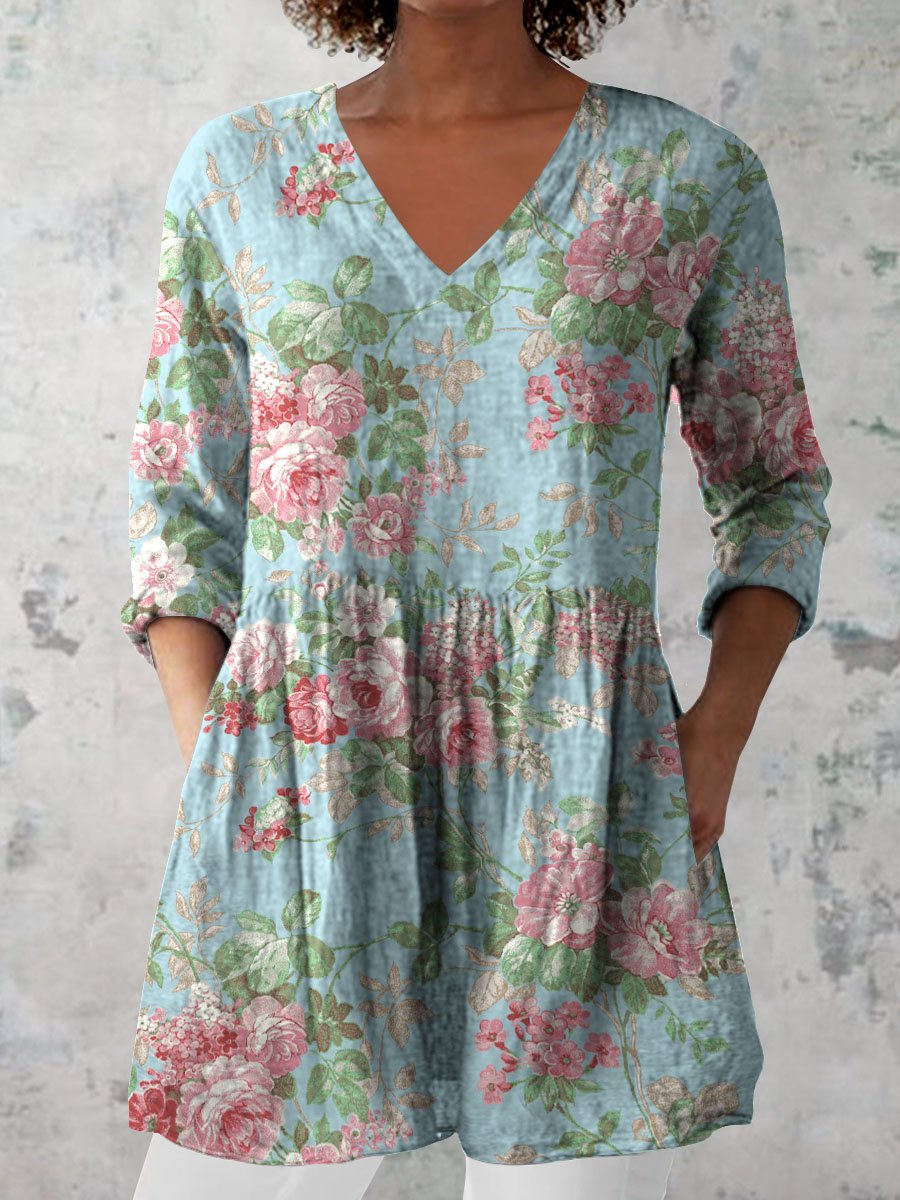 Women's Retro Floral Art Print Casual Cotton And Linen V-neck Top