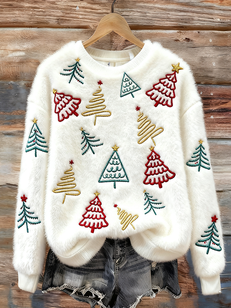 Comstylish Lady Christmas Winter Warmth Round Neck Flannel Sweatshirt