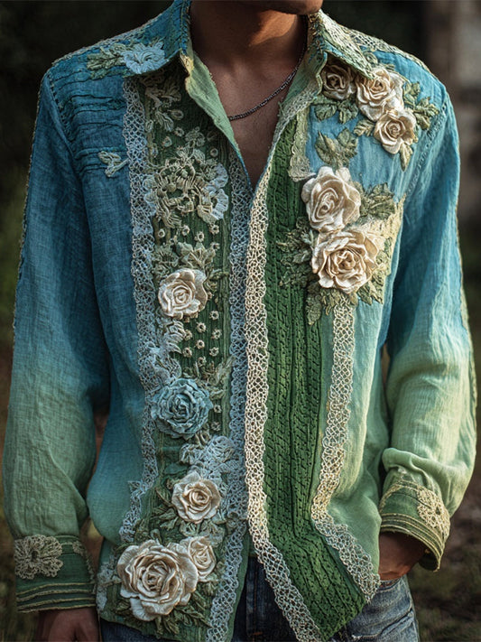 Boho Lace Floral Patchwork Art Men's Linen Long Sleeve Shirt artswardrobe