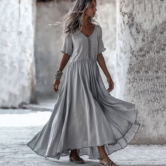 Vintage V Neck Cotton Linen Maxi Dress artswardrobe