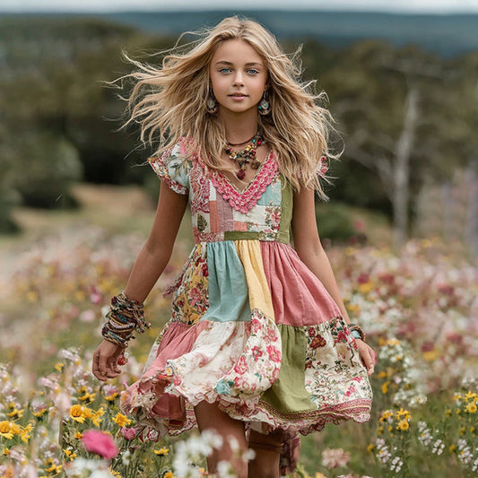 Young Girl's Floral Patch Print Linen Short Sleeve Dress artswardrobe