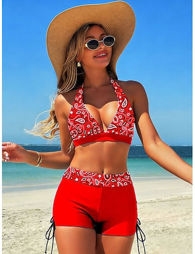 Bikini 2 Piece Swimsuit High Waist Backless Vacation Beach Wear Graphic Paisley V Neck Sleeveless Bathing Suits