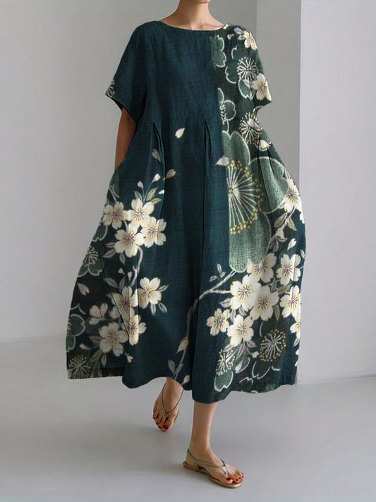 Comstylish Cherry Blossom Japanese Art Classy Linen Blend Maxi Dress